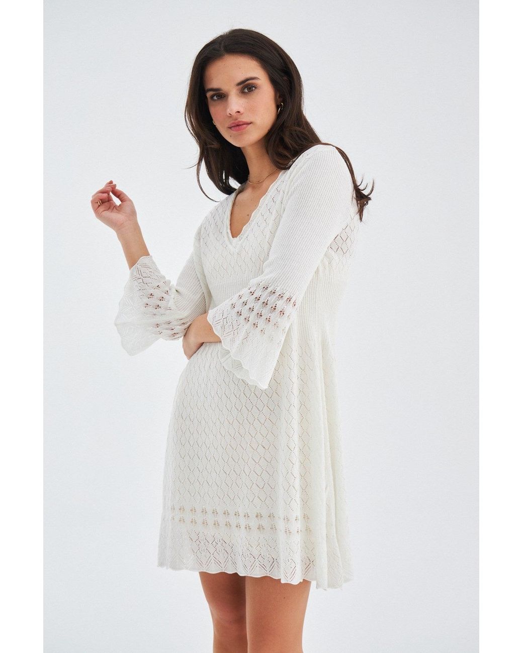 Peraluna White Yoho Openwork V-Neck Knit Mini Dress