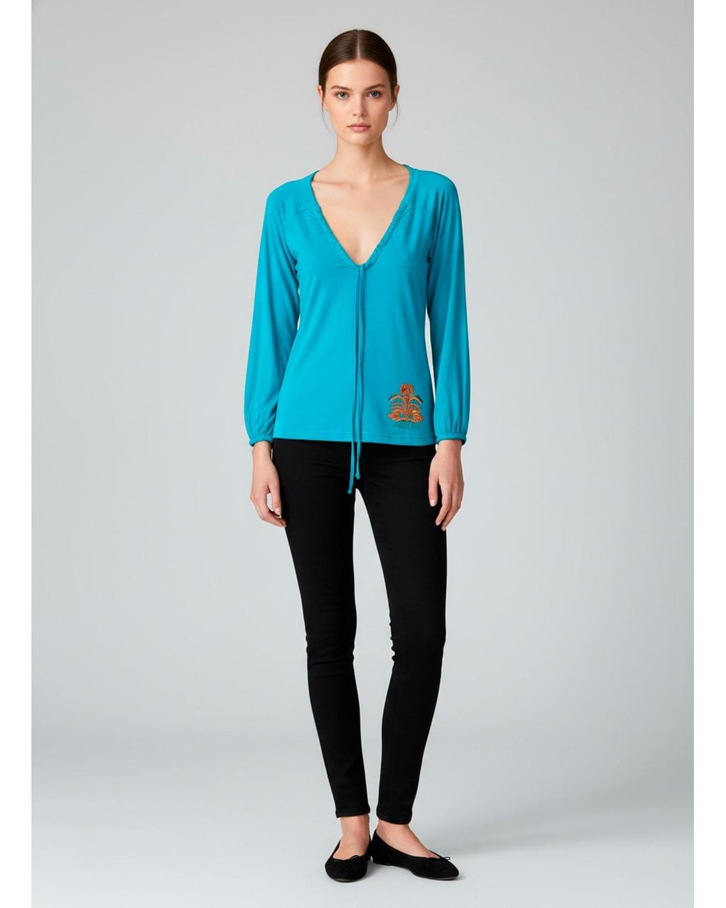 Conquista Blue Deep V-Neck Top With Front Tie & Embroidered Detail