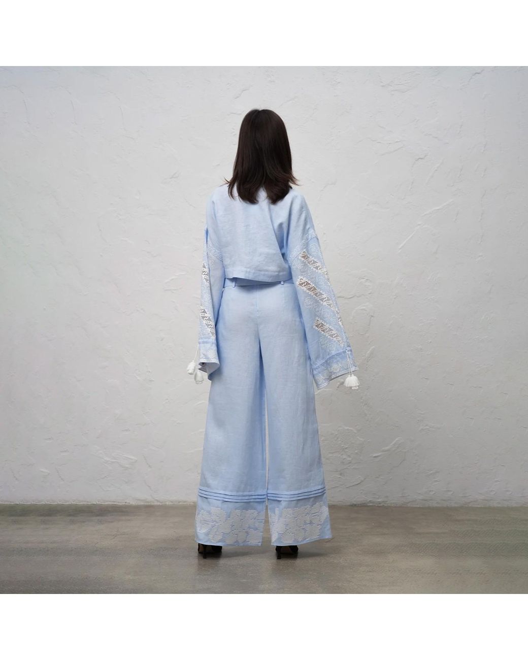 Annabo Blue Desert Rose Wide-Leg Linen Pants