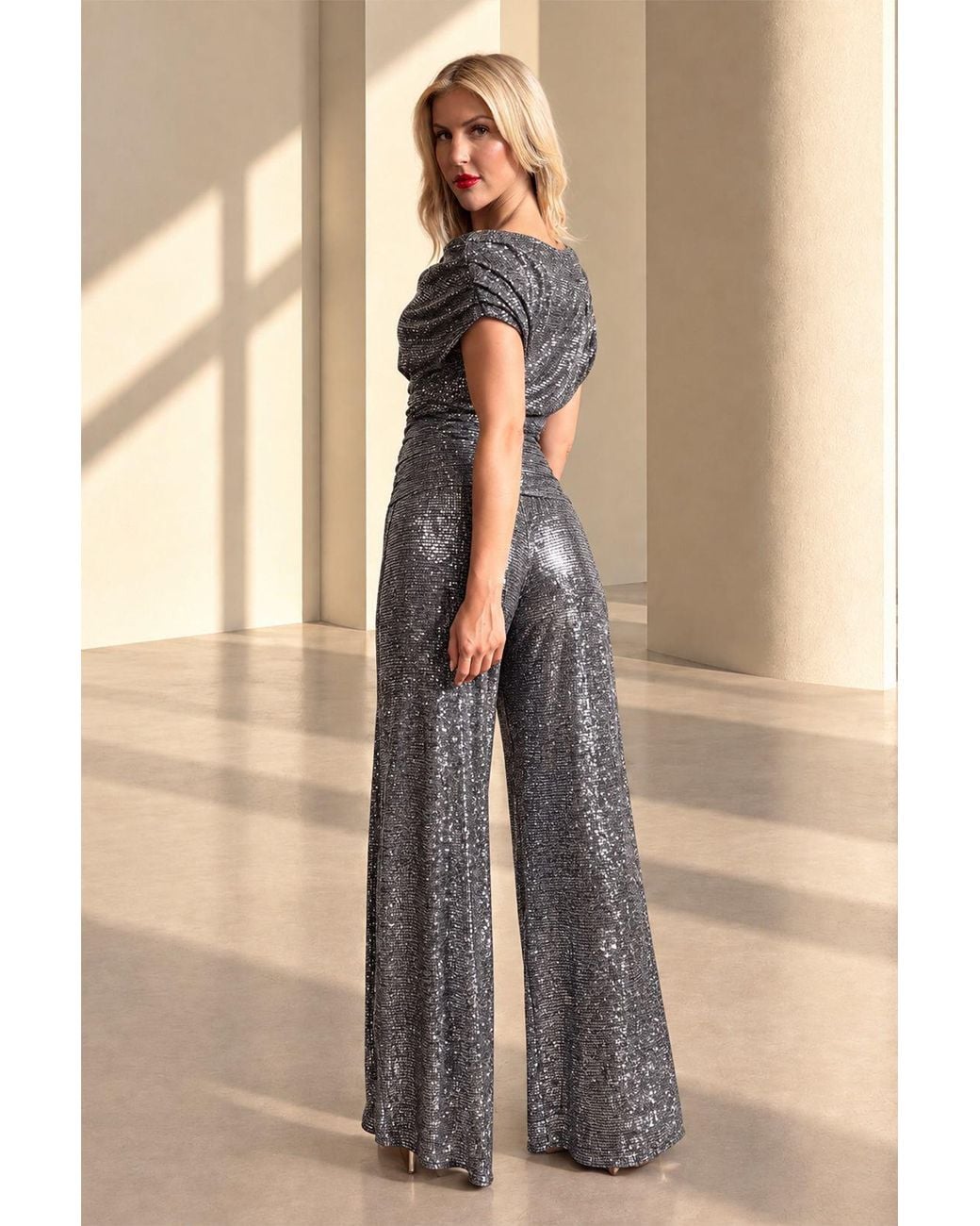 Atom Label Gray Carbon Sequin Bardot Wide Leg Jumpsuit