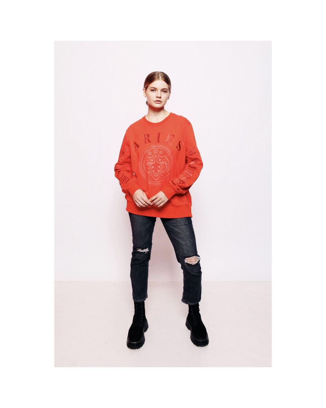 Miracles Manifester Oversized Embroidered Aries Sign Sweatshirt