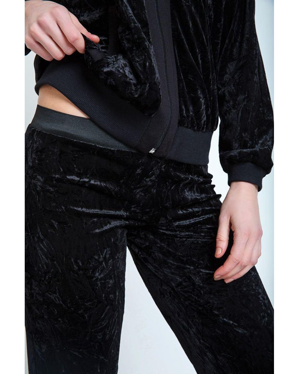 Conquista Black Crushed Velvet Straight Leg Pants With Elasticated Waistband By Fashion