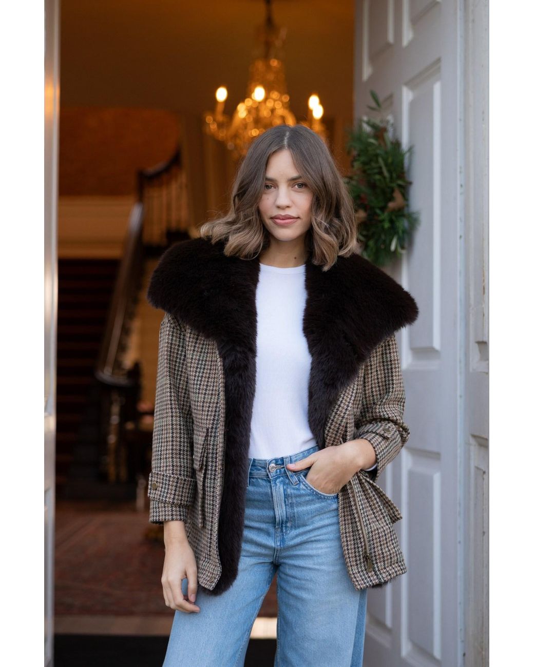 Hortons England Brown Ashford Tweed Faux Fur Jacket