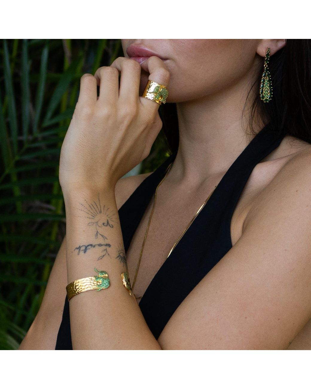 Ebru Jewelry Metallic Guardian Elephant Emerald Cuff Bracelet