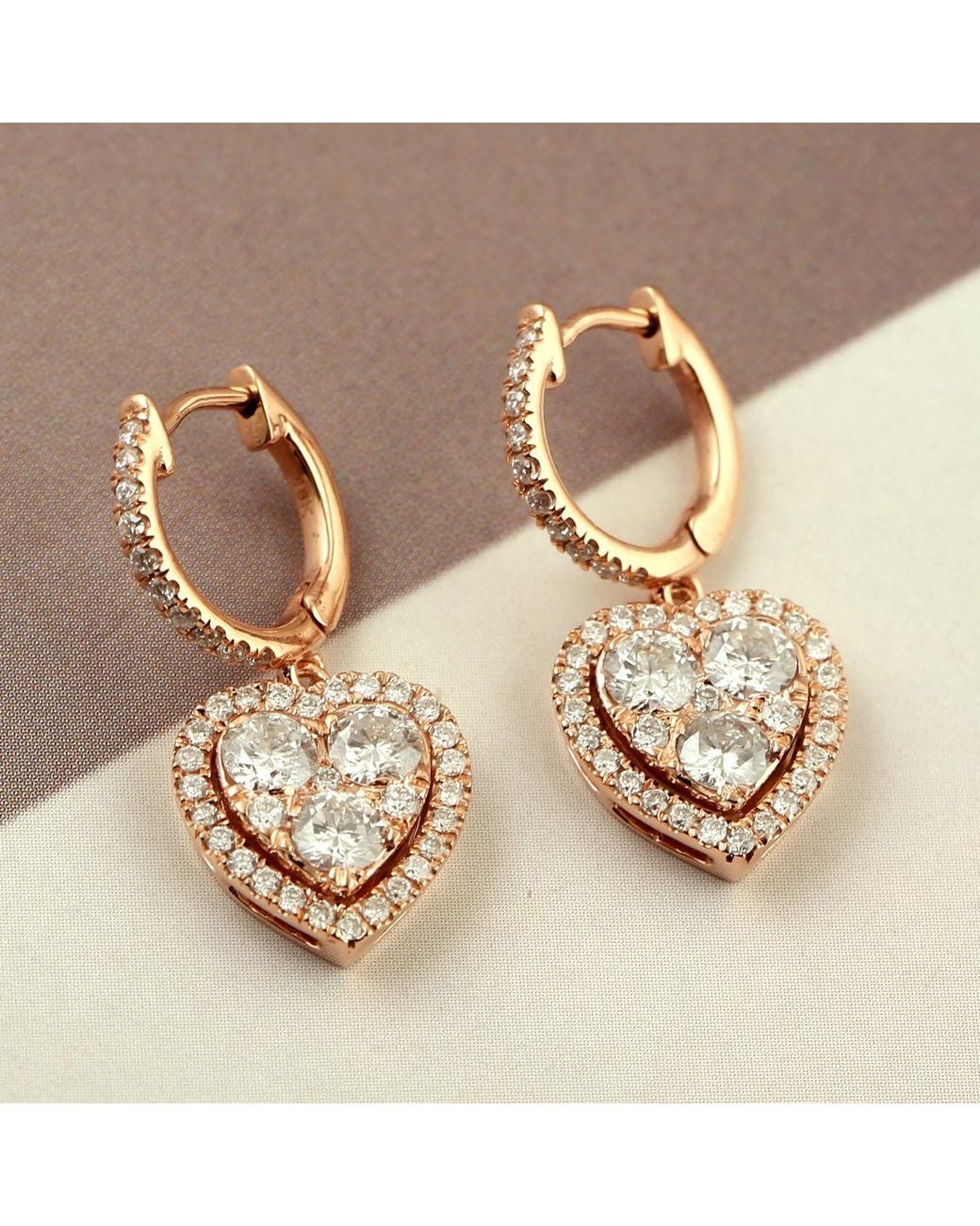 Artisan Metallic Rose Gold Heart Shape Dangle Earrings Diamond