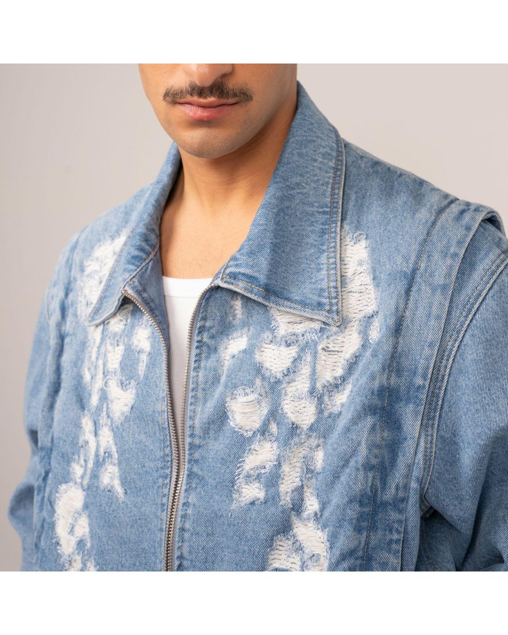 Born in Exile Blue Destroyed Zipped Denim Jacket