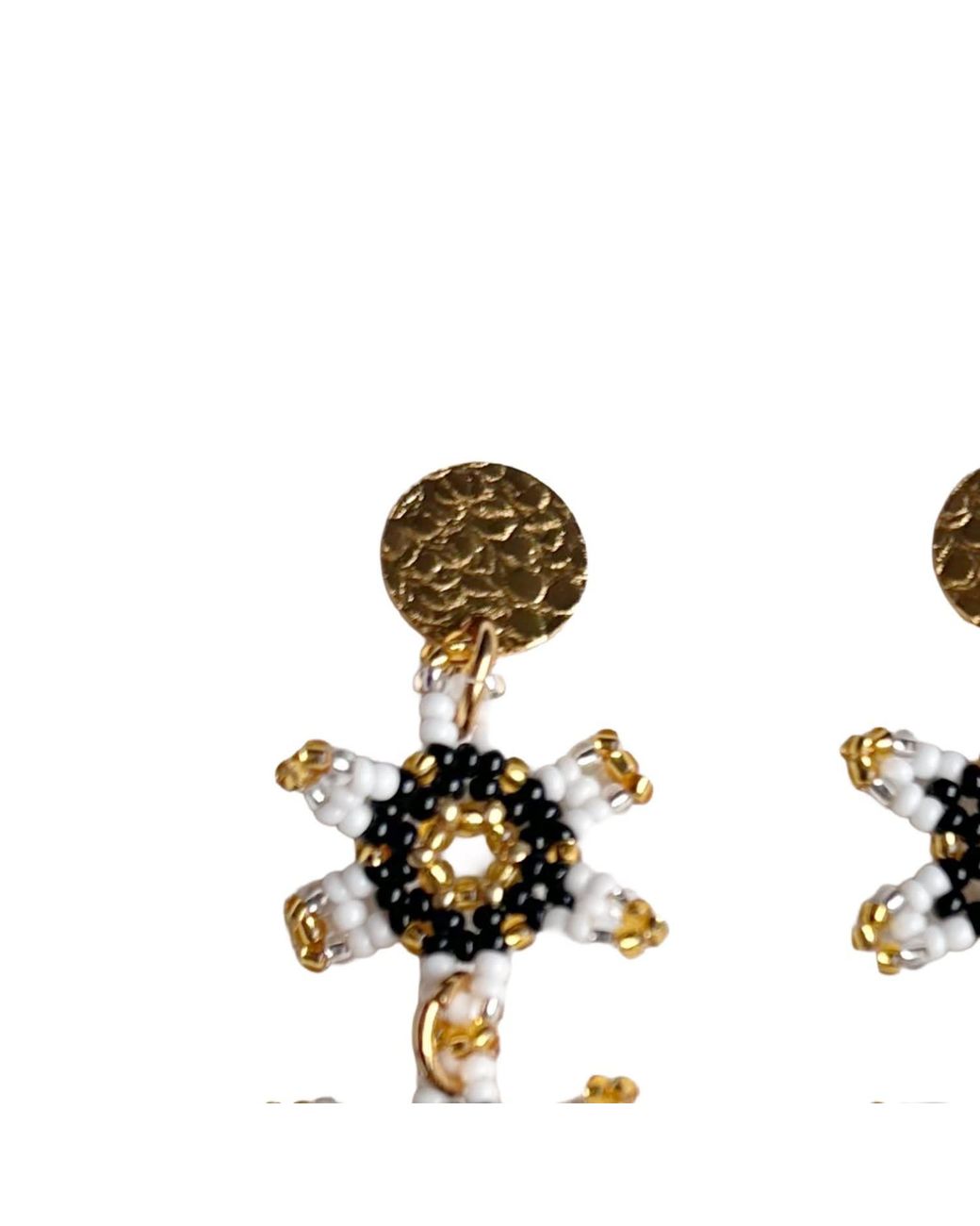 Iliana Arrazola Metallic Waterfall Blossom Three Flowers, Dangle Earrings, And Withe, Glass Beads, Beaded Jewelry