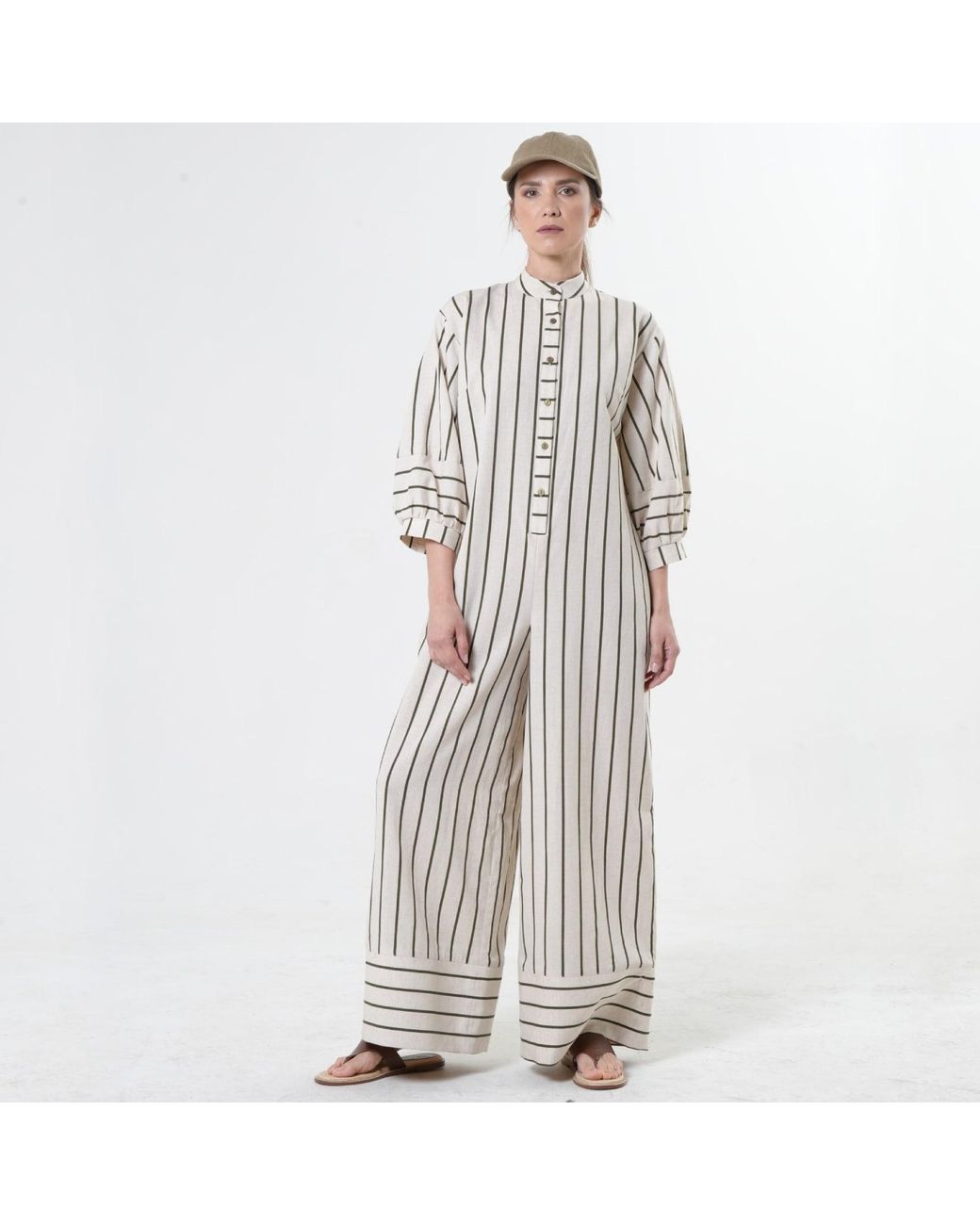 Metamorph White Maxi Jumpsuit On Khaki Stripes