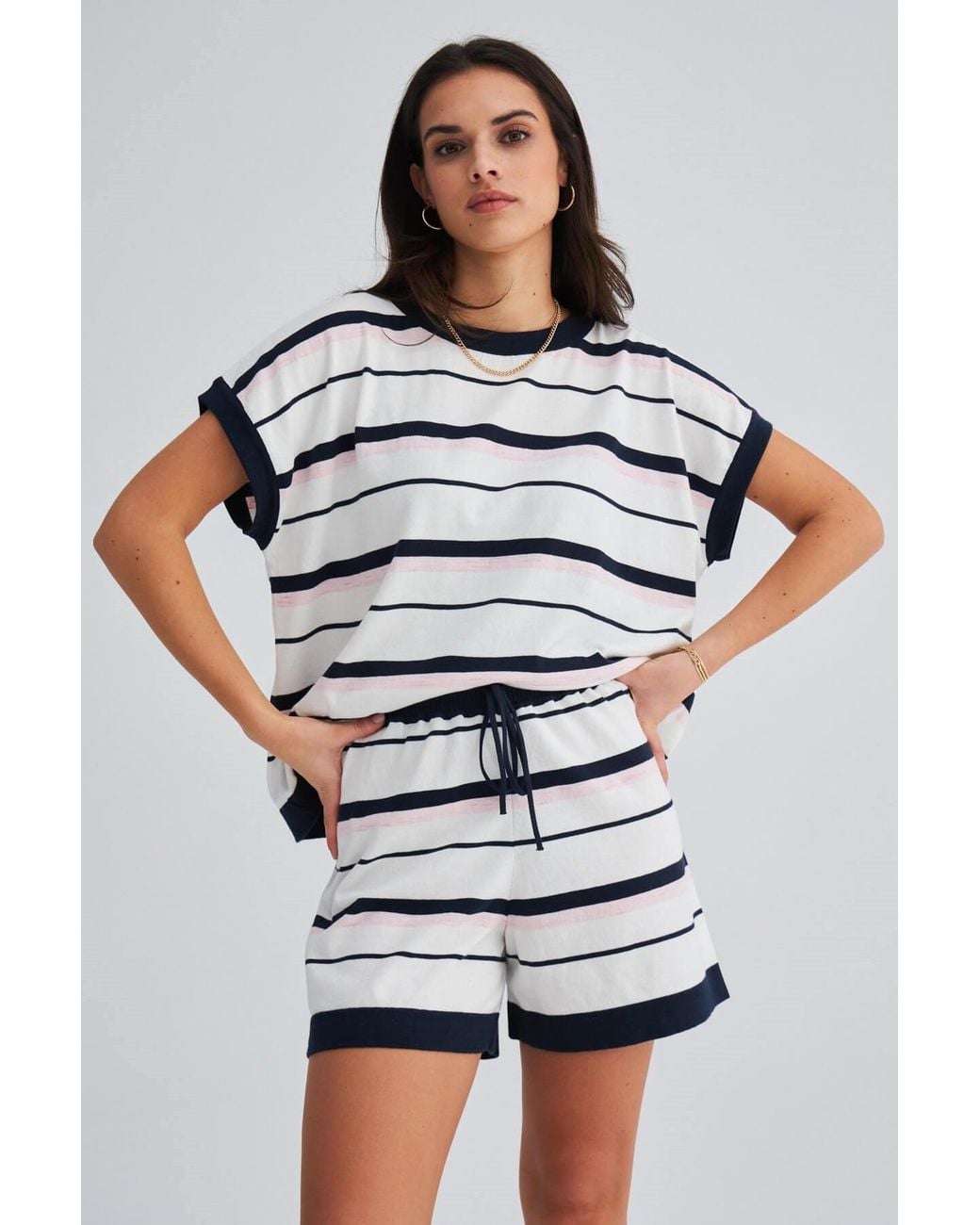Peraluna Multicolor Marine Knitted Blouse & Shorts Set