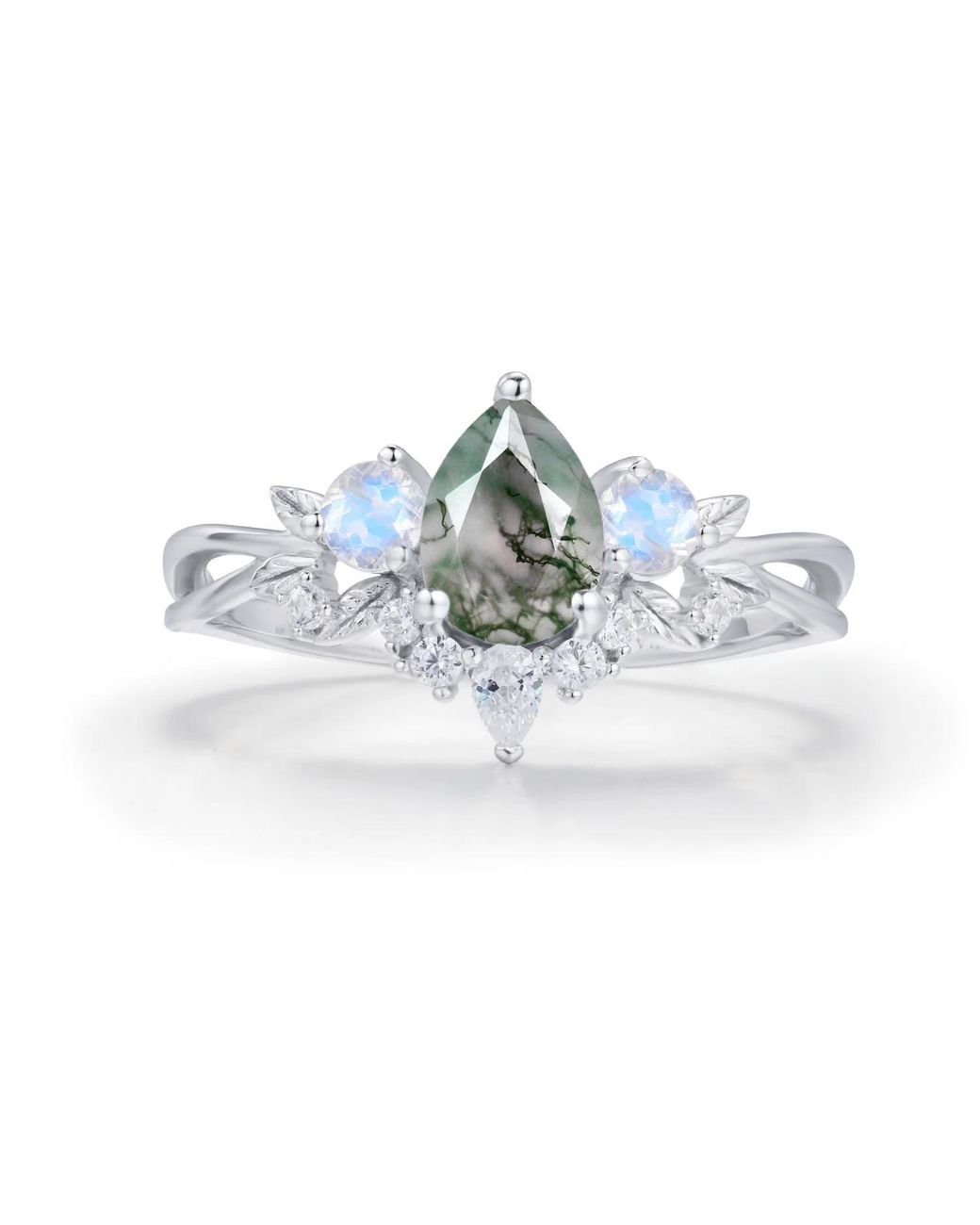 Azura Jewelry New York Blue Laurel Grove Moss Agate Moonstone Ring Vermeil