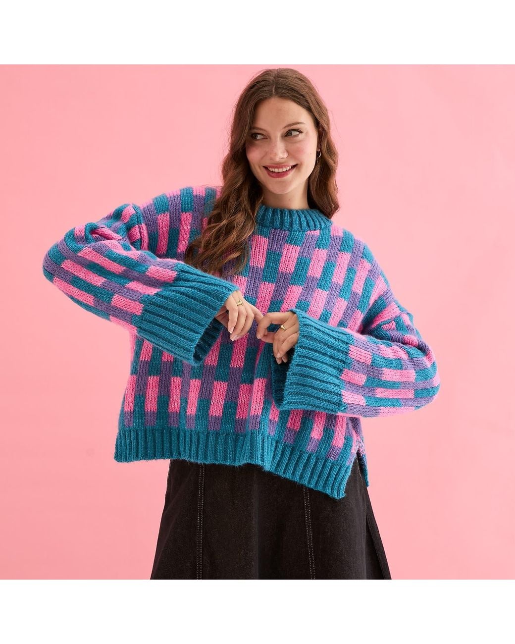 Cara & The Sky Blue Charlotte Geometric Pattern Wide Sleeve Knit Jumper