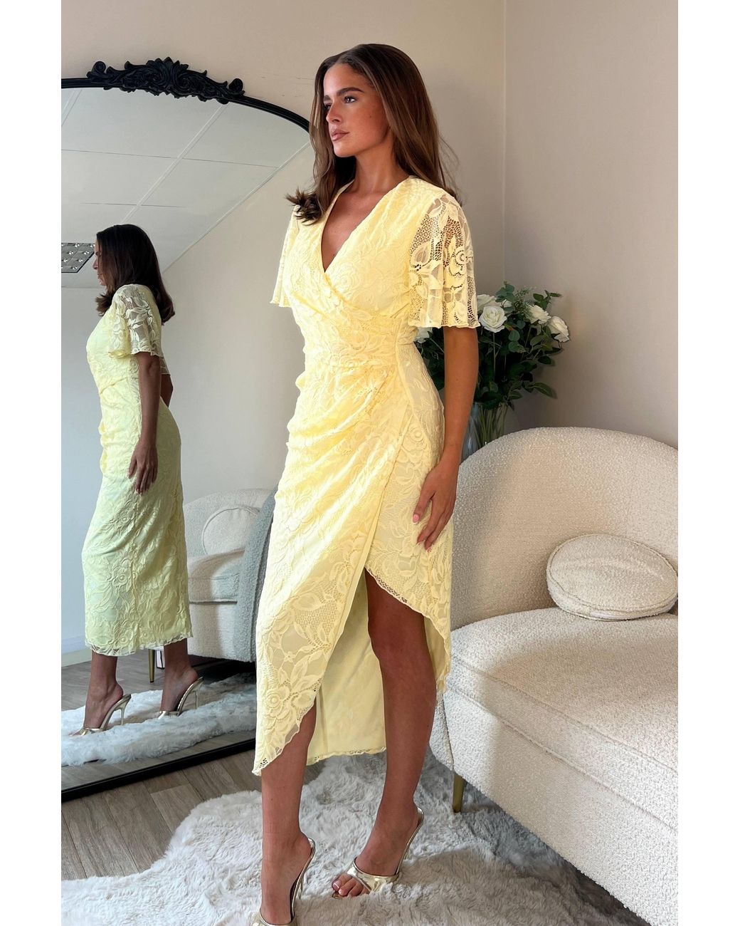 Girl In Mind Yellow Natasha Angel Sleeve Wrap Midi Dress