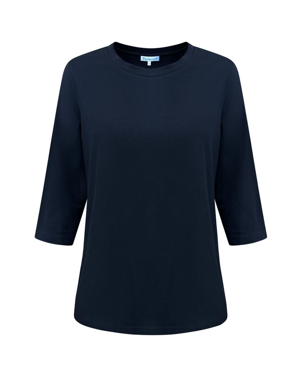 Perlavera Blue Tom Solid Cotton Spandex Three Quarter Sleeve Length Crew Neck T-Shirt