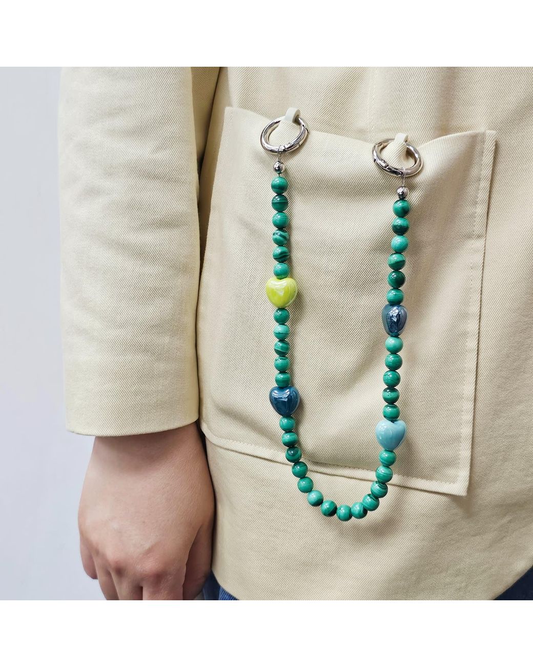 Farra Green Malachite With And Ceramic Hearts Phone Charm