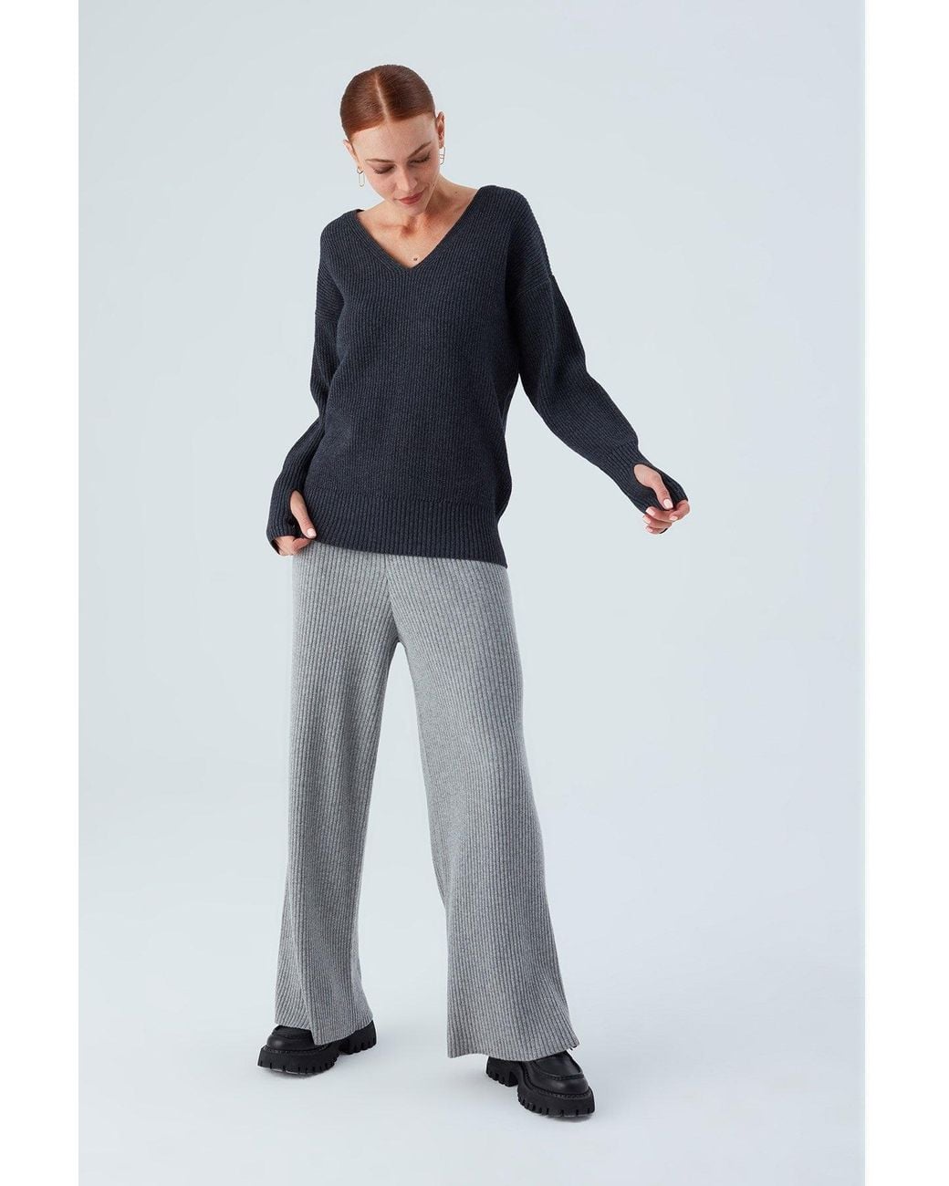 Peraluna Blue Cashmere Blend V Neck Loose Fit Pullover