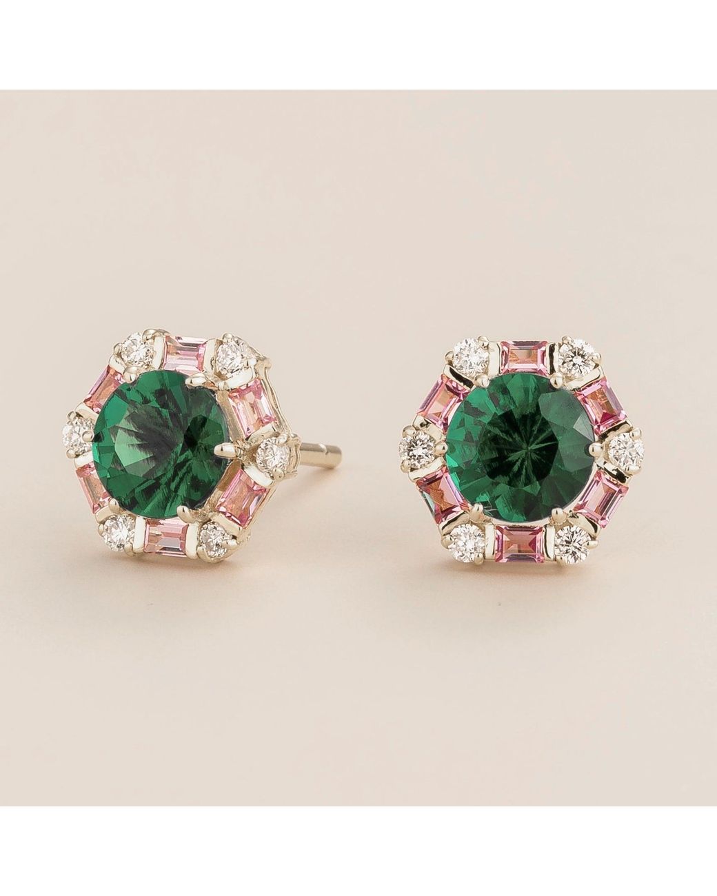 Juvetti Green Melba Emerald, Sapphire & Diamond Halo Hexagon Stud Earrings
