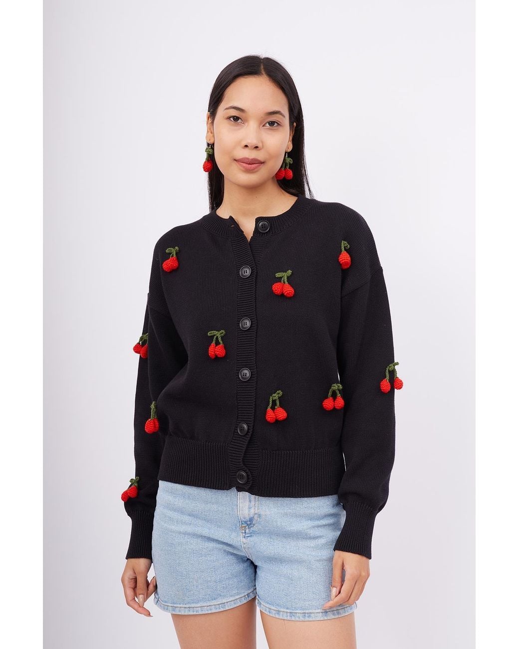 Peraluna Blue Cherry Hand Embroidered Cardigan
