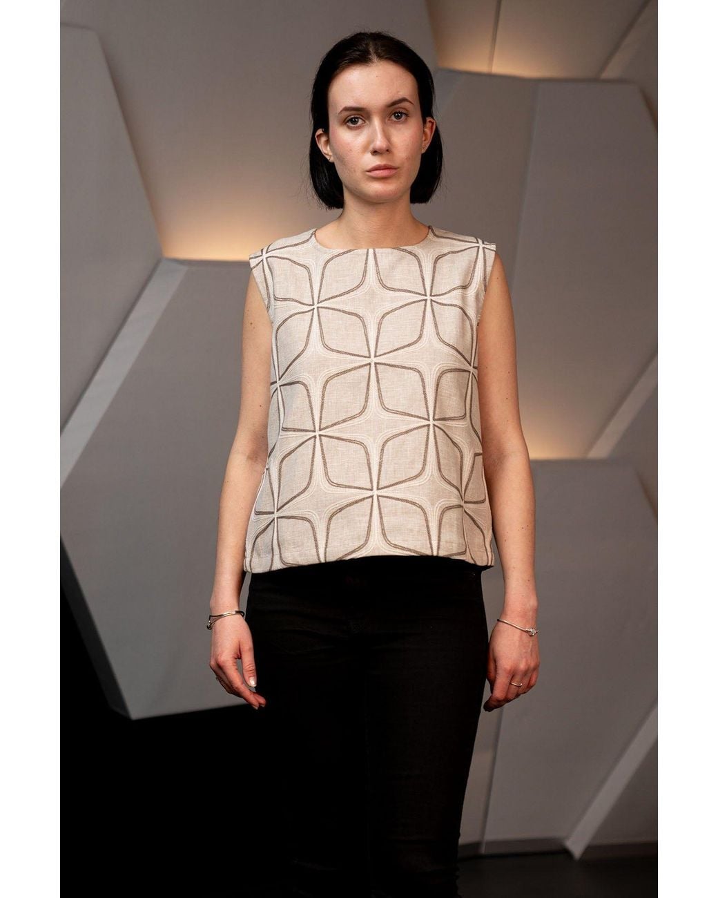 Stovaria Natural Neutrals Embroidered Linen Structured Sleeveless Statement Top
