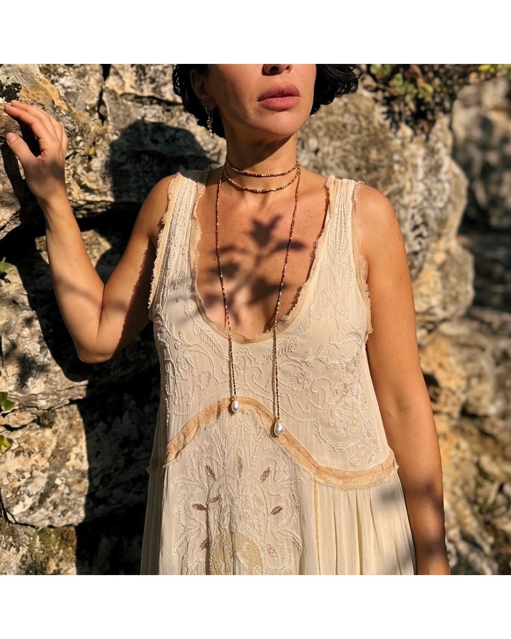 LINYA JEWELLERY White Baroque Pearl Long Mini Hematite Stone Necklace