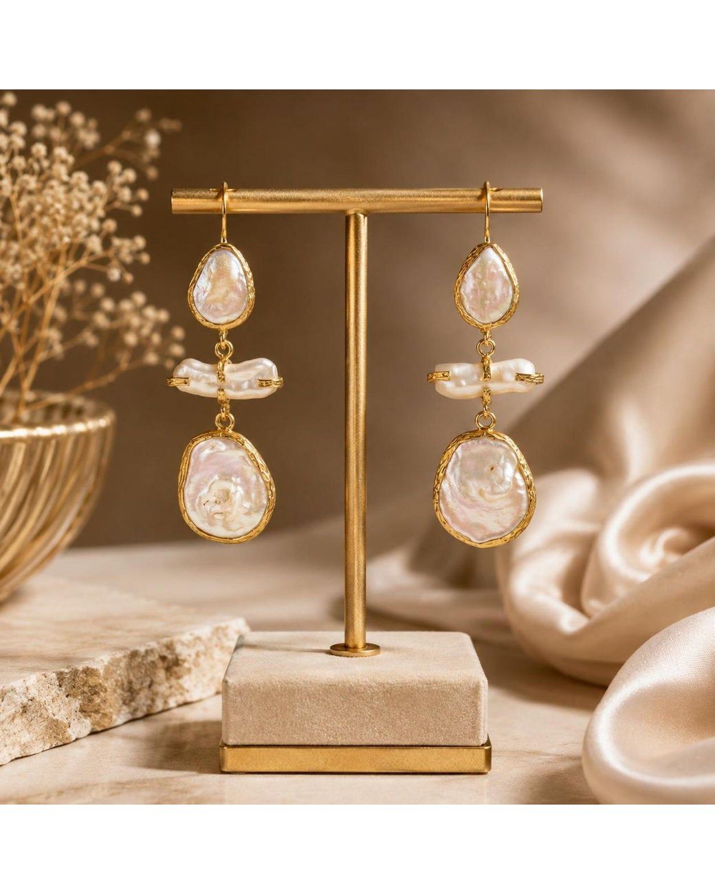 By Ozge Metallic Cleopatra Baroque Pearl Plated Statement Drop Earrings