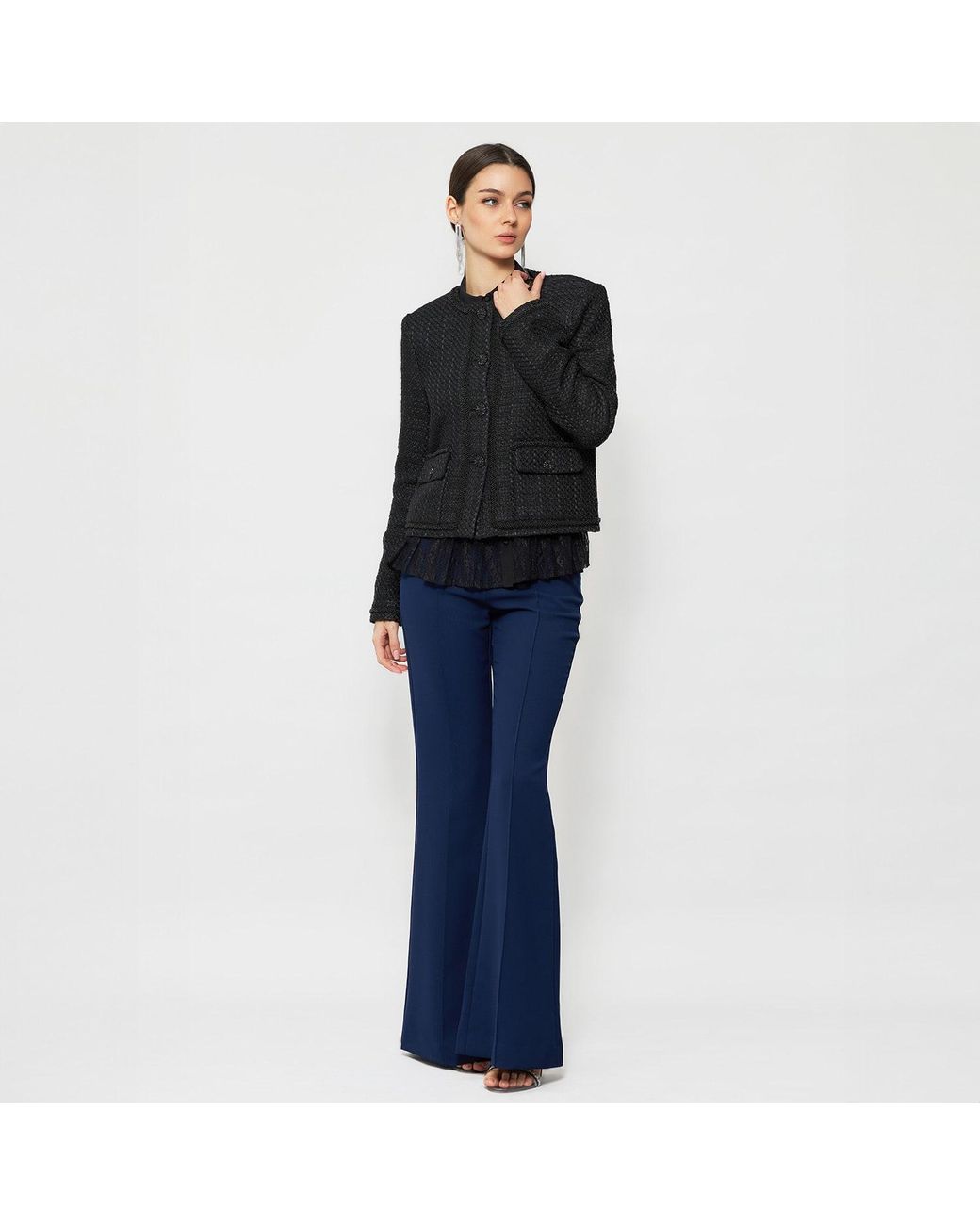 Solgo Atelier Black Pogonia Tweed Bouclé Cropped Jacket With Beaded Trim