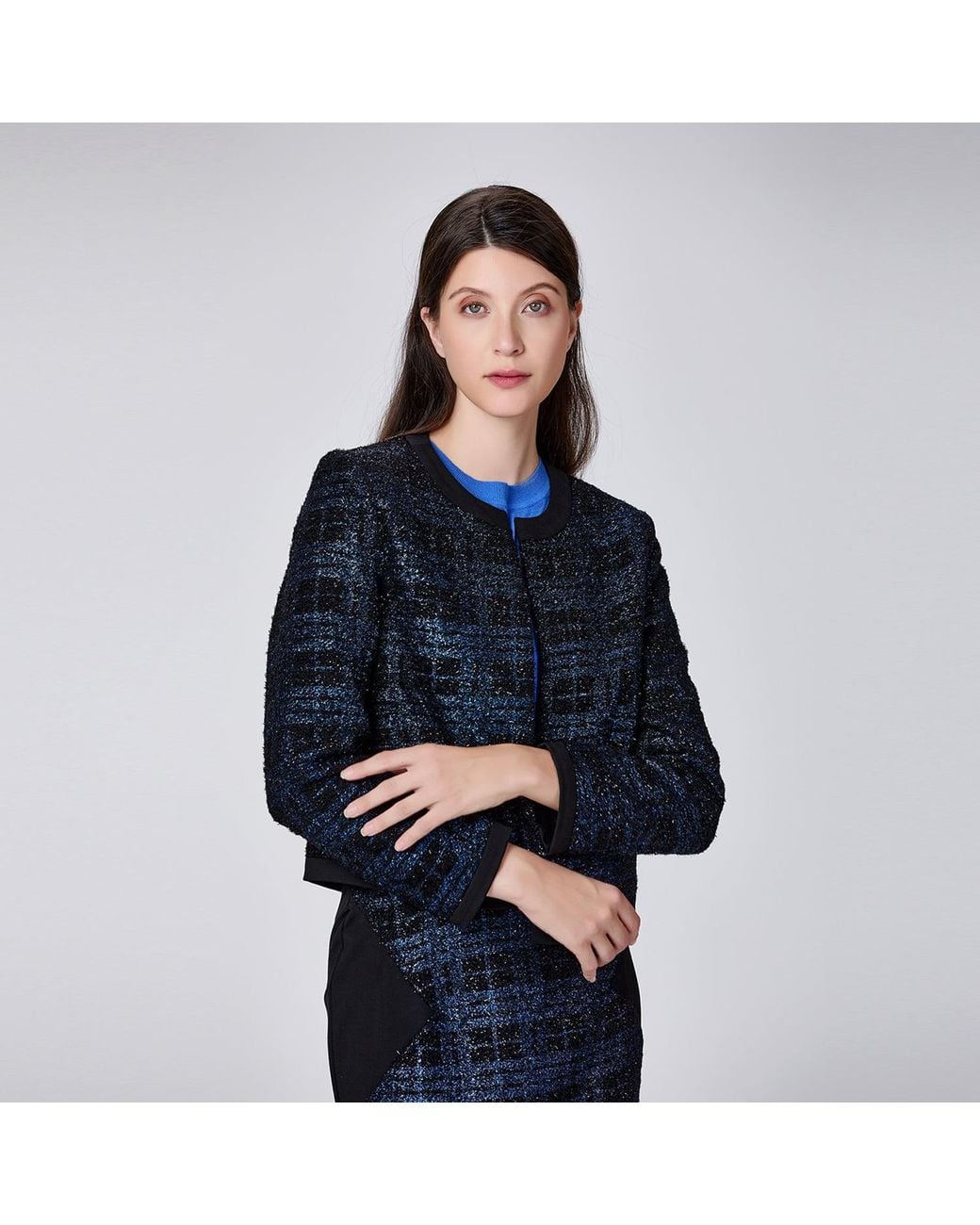 Smart and Joy Black Minimalist Tartan Crop Jacket