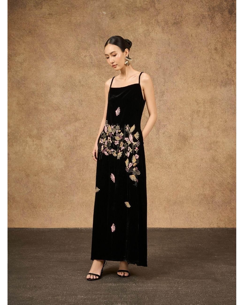 Silk and Bears Black Hand-Embroidered Fan-Motif Silk Velvet Maxi Slip Dress