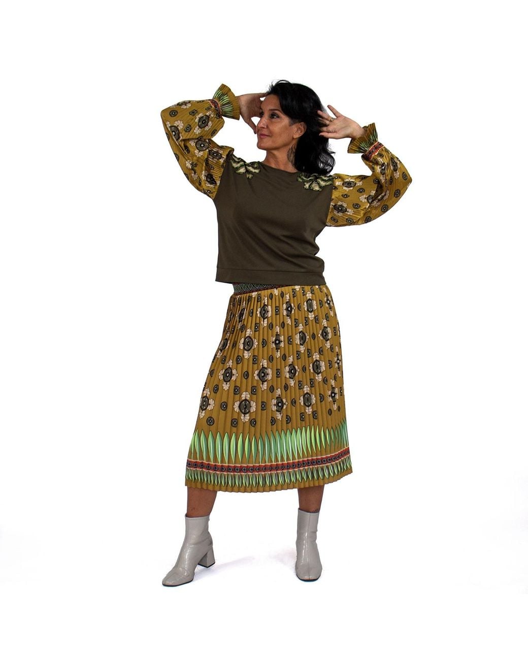 Lalipop Design Green Abstract Khaki Flower Print Pleated Midi Skirt