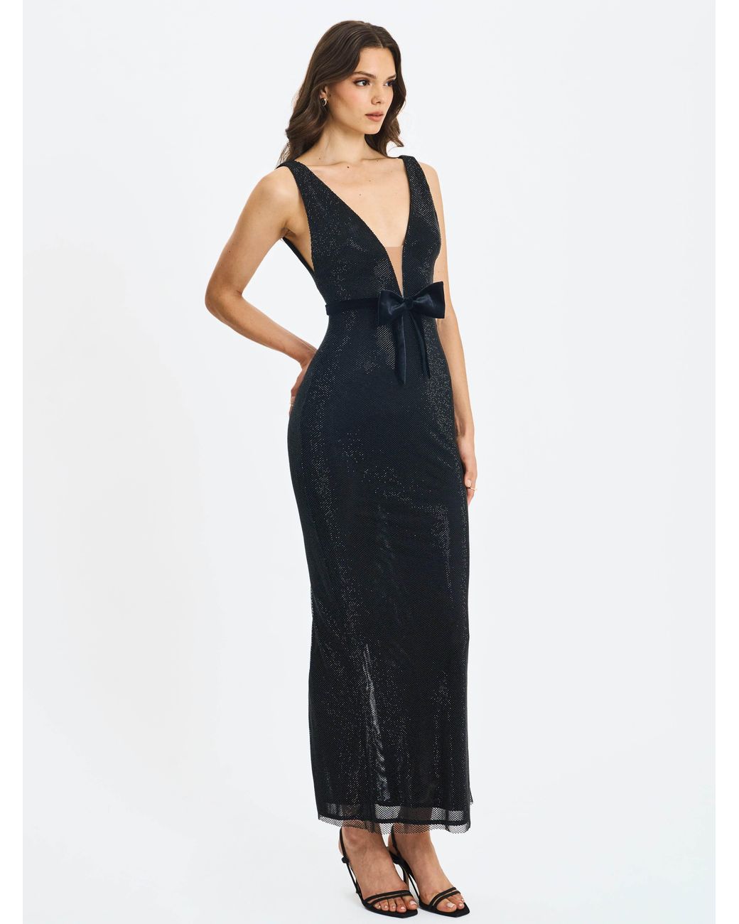 Miss Circle New York Black Olympia Belted Bow Plunging Rhinestone Maxi Dress