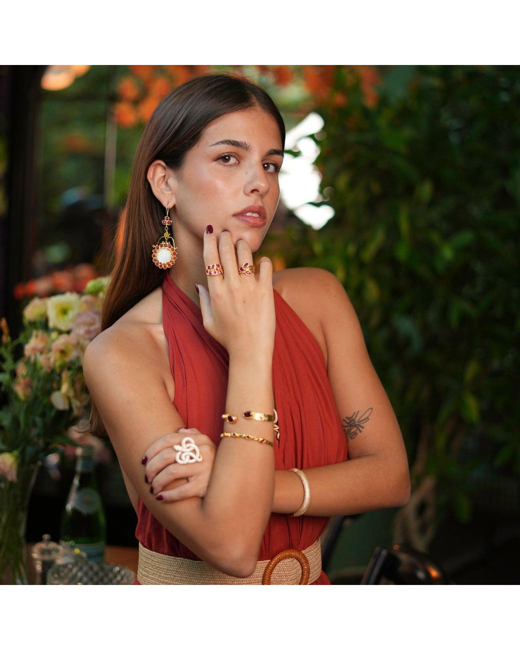 Ebru Jewelry Metallic Ruby-Studded Twisted Gold Cuff Bracelet