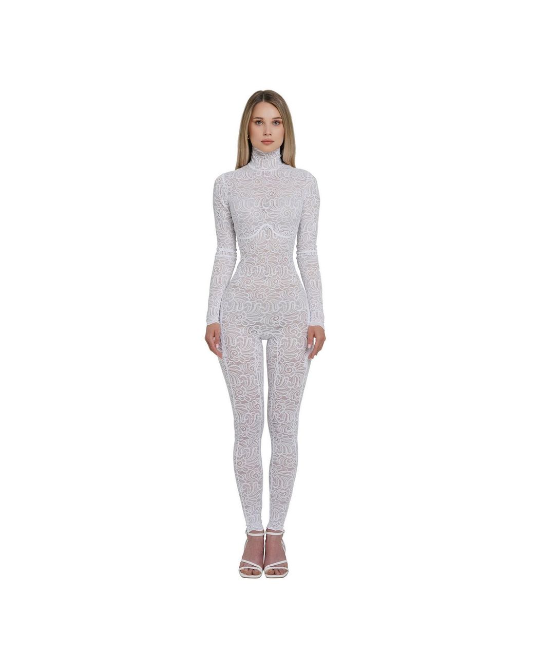 Monosuit Gray Bridal Sheer Floral Lace Turtleneck Catsuit