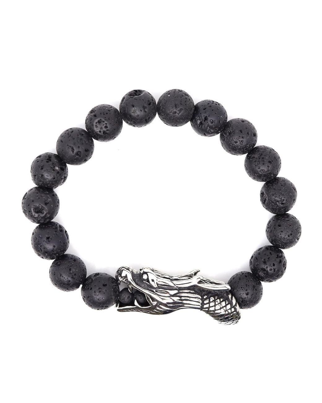 Shar Oke White Dragon Stainless Steel & Natural Lava Beaded Bracelet for men