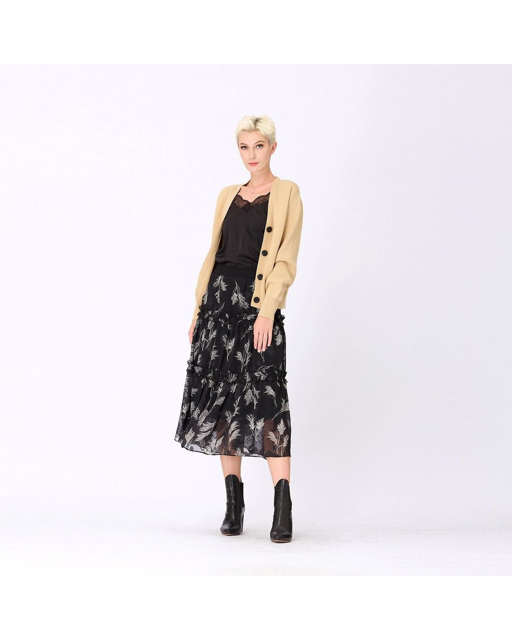 Smart and Joy Black Tiered Panel Feather Print Skirt