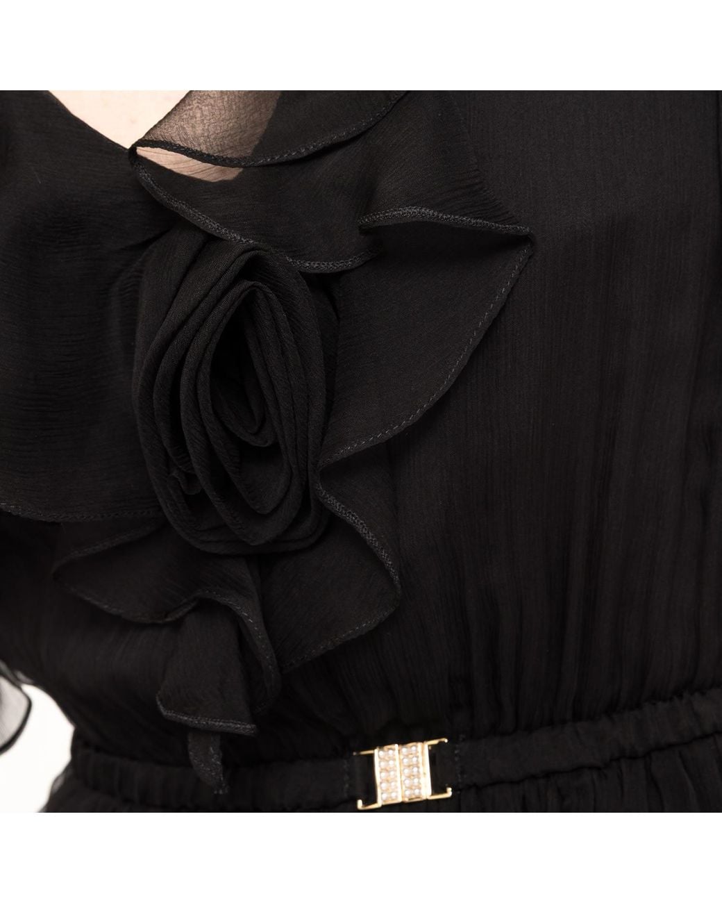 Nissa Black Floral-Appliqué Silk Midi Dress