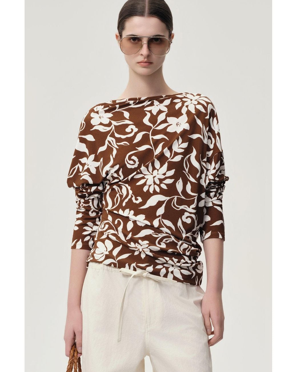 FRONT ROW SHOP Brown Mai Draped Viscose Jersey T-Shirt