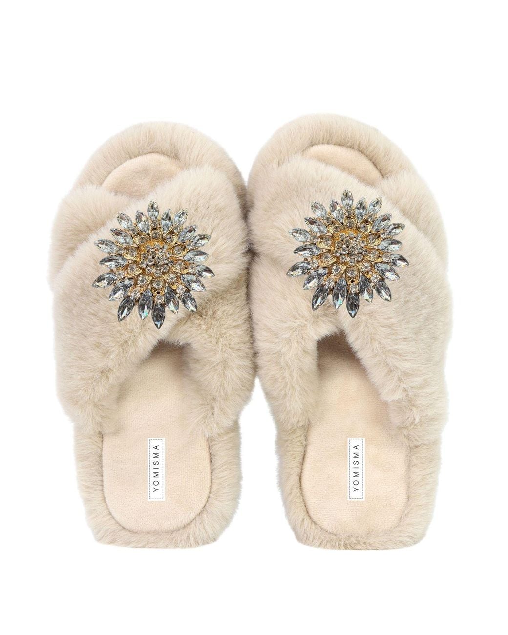 Yomisma Natural Neutrals Eco Faux Fur Slippers – Recycled Faux Fur + Clear Brooch Embellishment