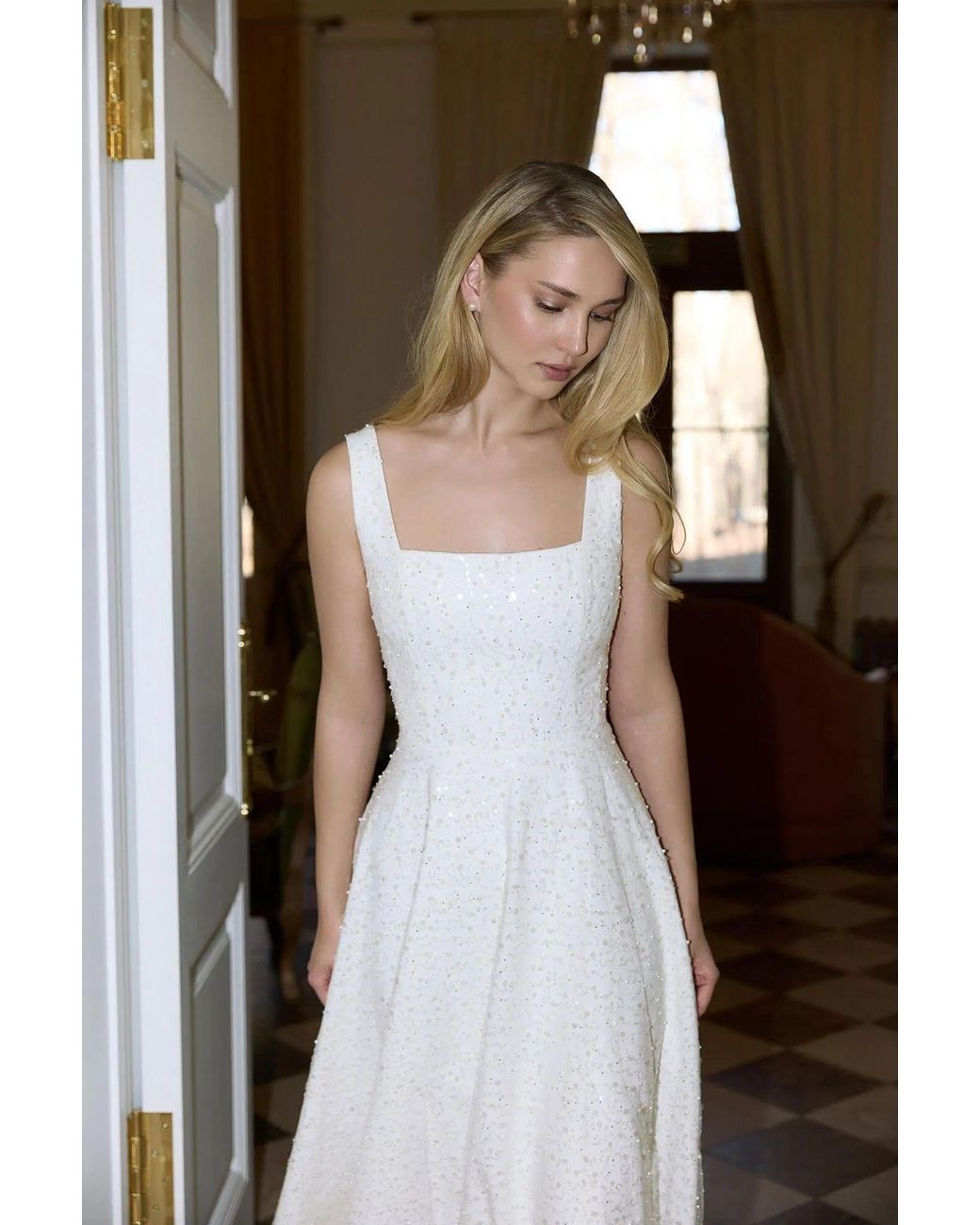 POST MERIDIEM White Midi Dress Embroidered With Sequins And Beads