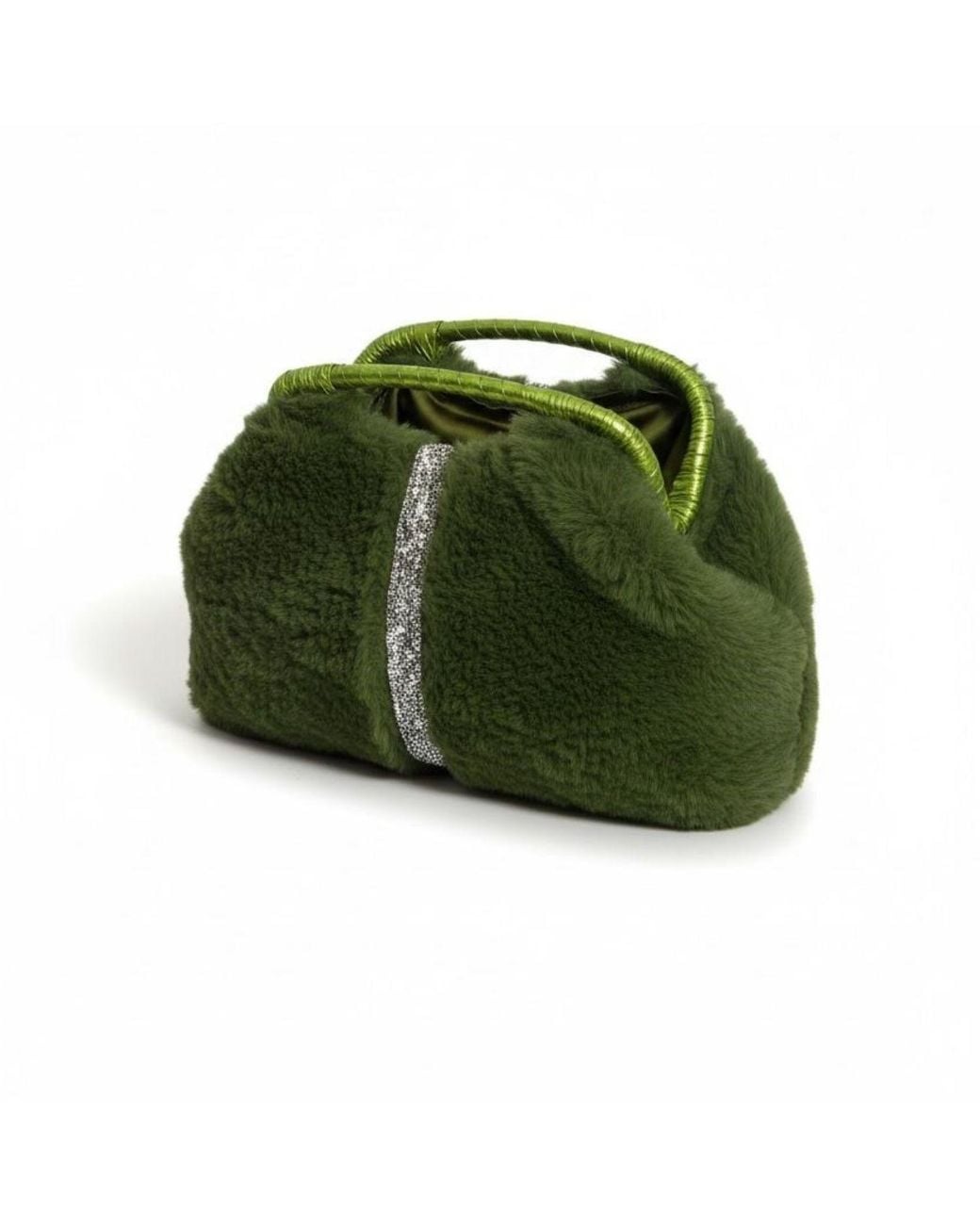 Springmoonatelier Green Handmade Plush Clutch Bag With Crystal Accent – Limited Edition Winter Luxury