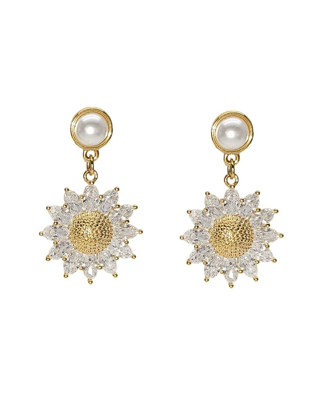 Farra Metallic Zircon Daisy Dangle With Pearl Stud Earrings