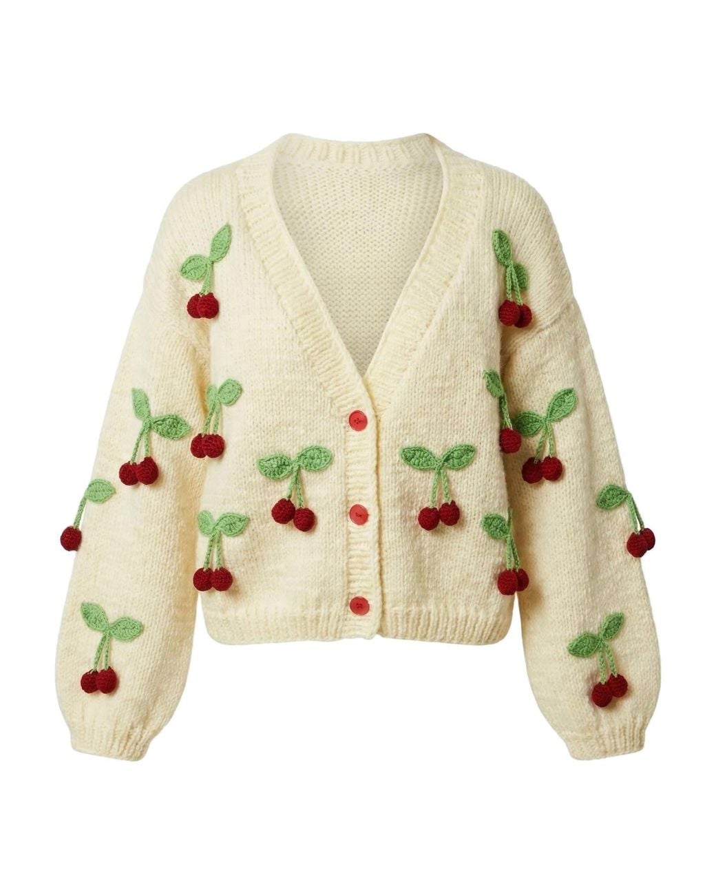 Ana Chic Green Neutrals Cherry Motif Handmade Knitted Cardigan