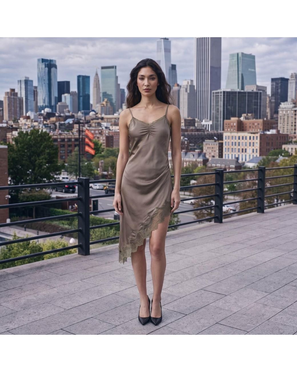 Modenaire Brown Asymmetric Satin Slip Dress With Lace Trim And Fluid Draping