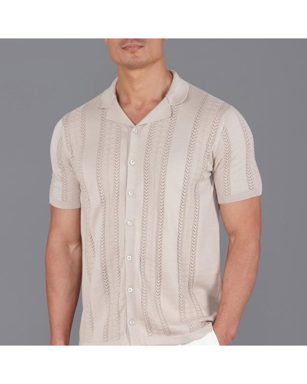 Paul James Knitwear Natural Neutrals Ultra Fine Cotton Santiago Open Knit Cuban Collar Shirt for men