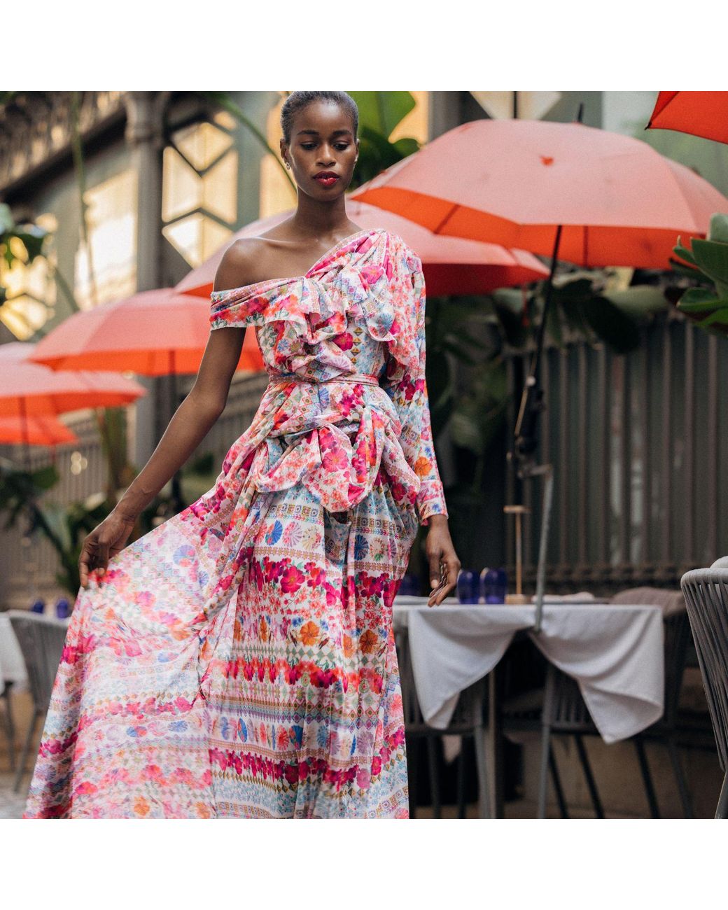 Miro Misljen Pink Jardin Draped One-Shoulder Gown