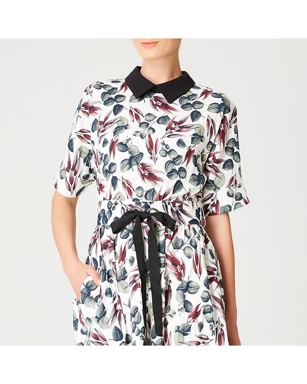 Smart and Joy White Fit-And-Flare Leaves Print Dress With Wide Belt
