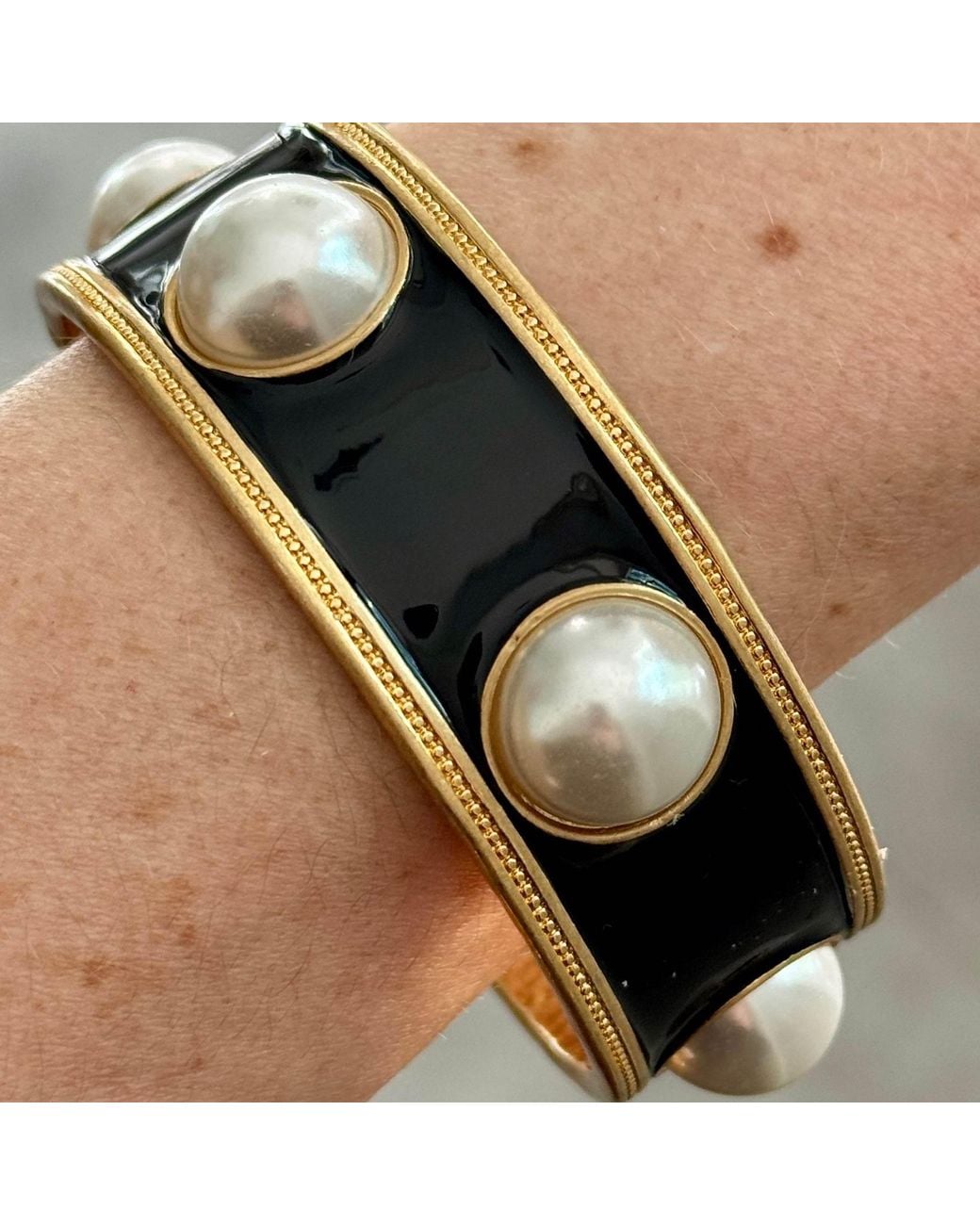 Laura Gray Black Enamel Faux Pearl Wide Bangle
