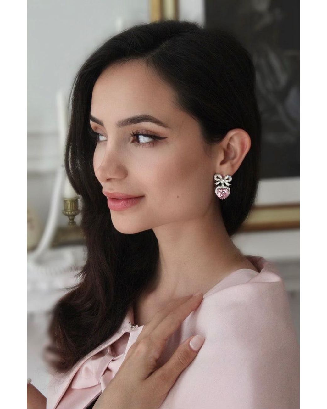 Santinni Pink Princess Bow & Crystal Heart Earrings