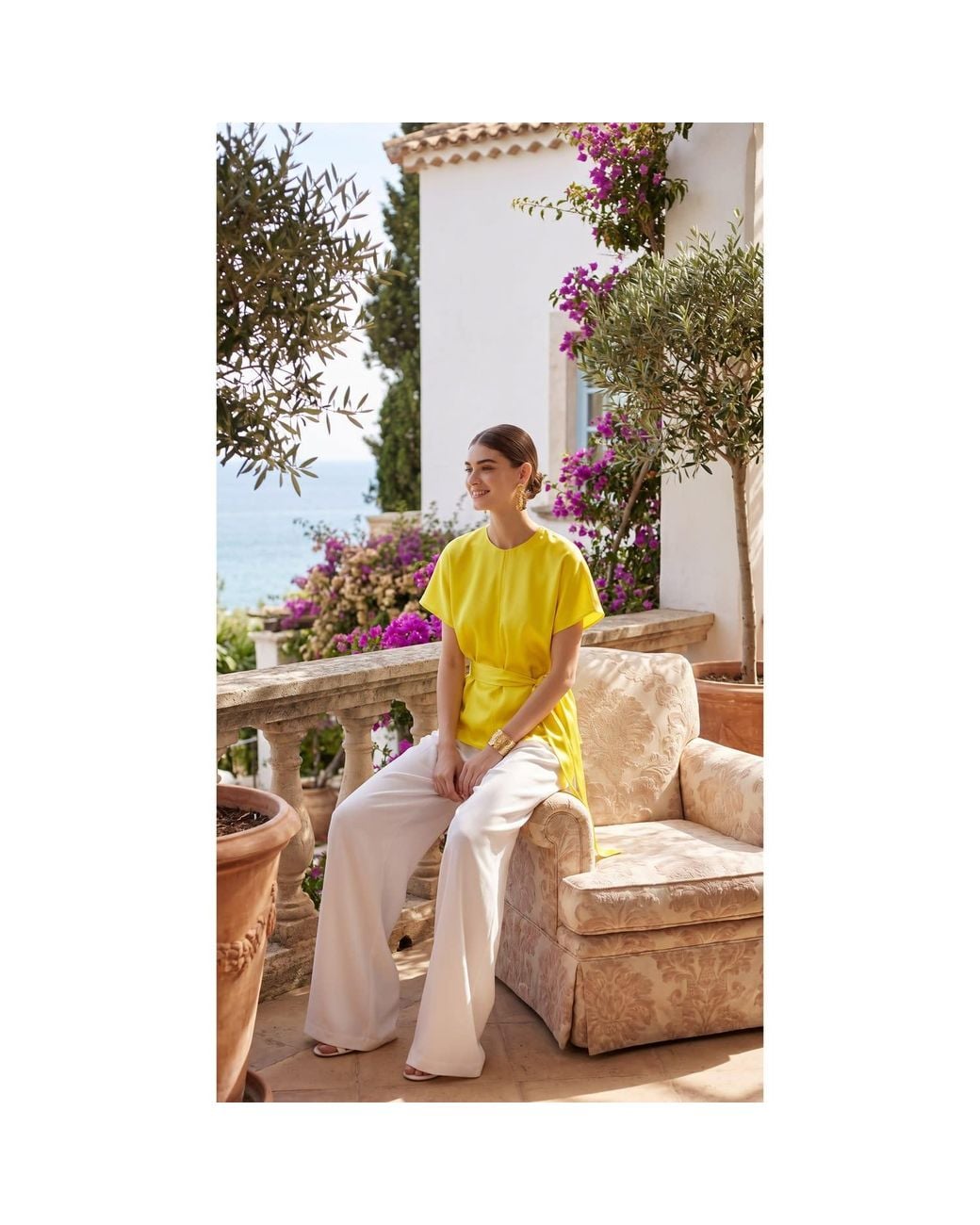 concept A trois Yellow Yelow Satin Top With Waist Tie