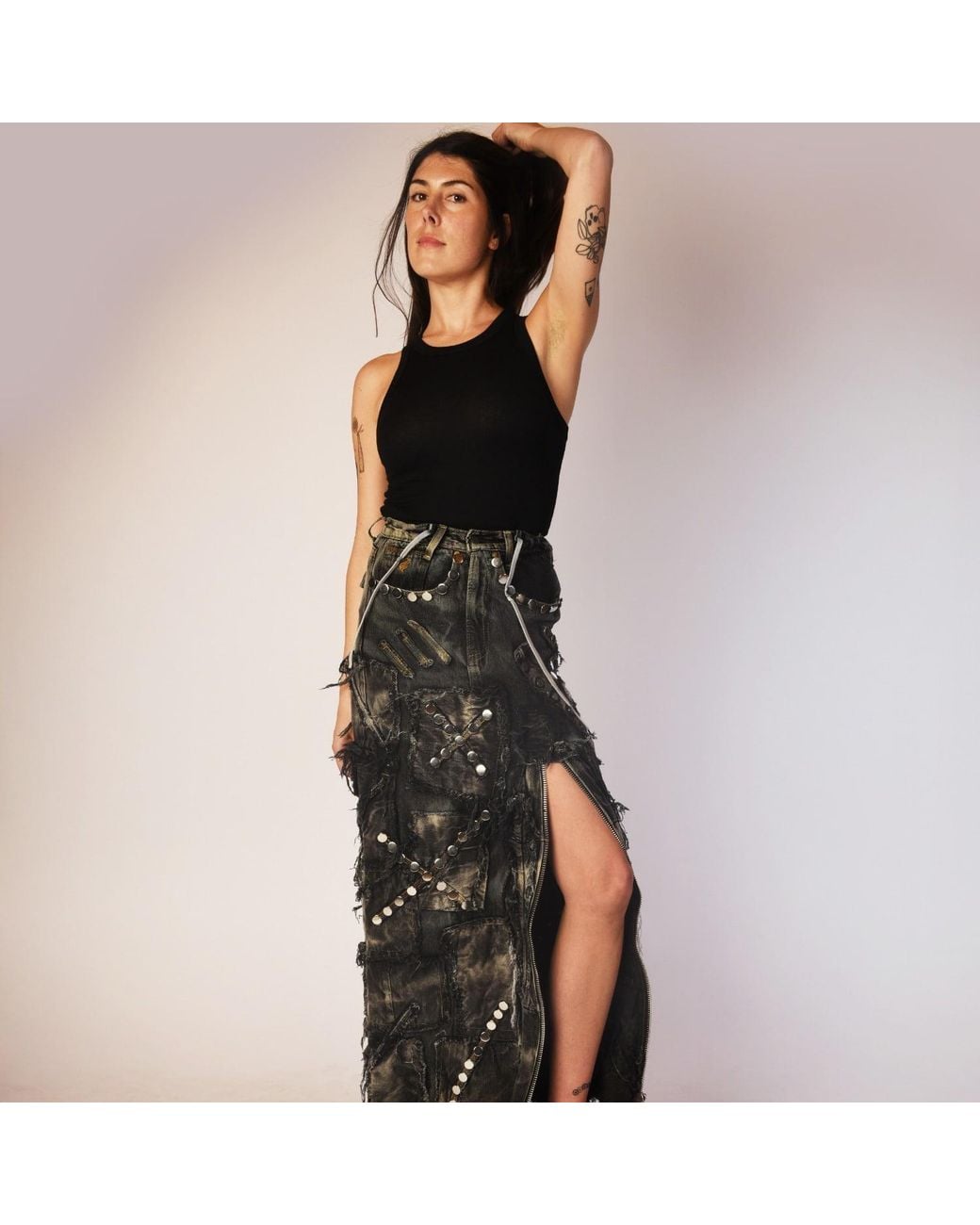 Zasta Studio Gray Shred Couture Studded Denim Skirt C