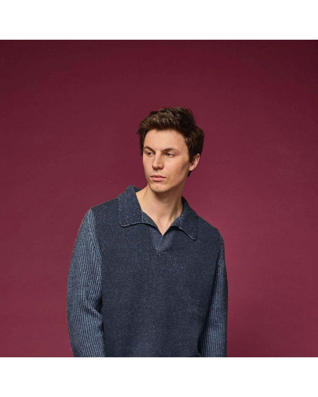 Salts Cashmere Blue Polo Sweater With Fishermens Rib Detailing