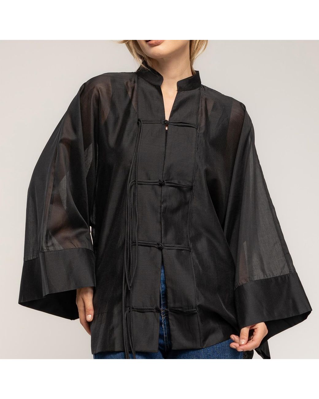 Tantra Spain Sl Black Oversized Shirt With A Japanese-Style Closure, Mandarin Collar